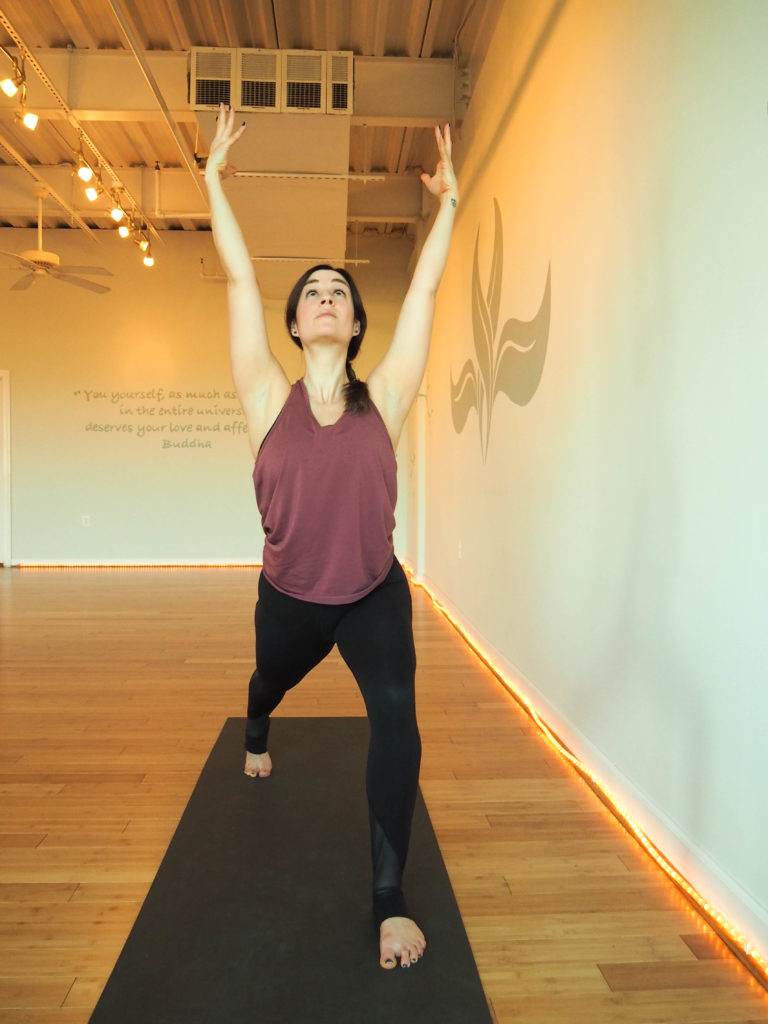 Extra wide high crescent lunge. How to modify your vinyasa yoga practice during pregnancy.