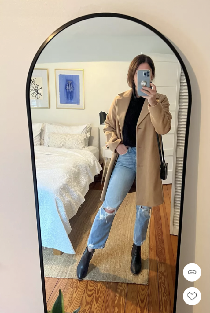 Long Camel Coat & Straight Leg Distressed Jeans | LTK PenelopeGrace