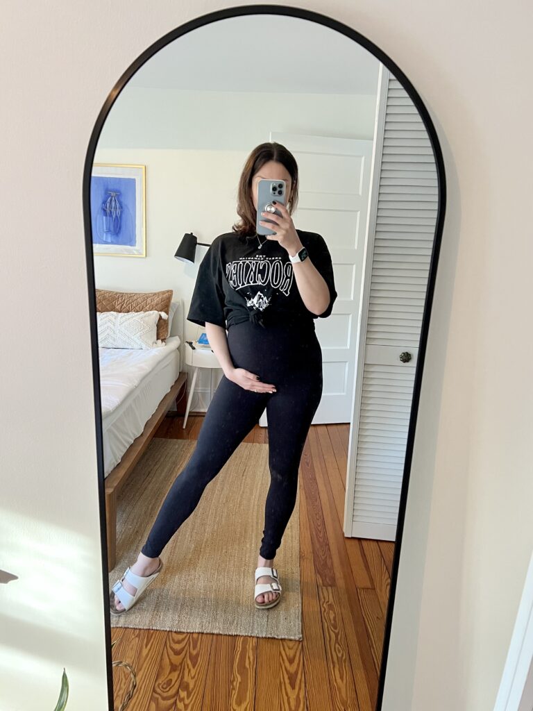 Spring Maternity Capsule: black, over-the-belly supportive leggings and graphic t-shirt