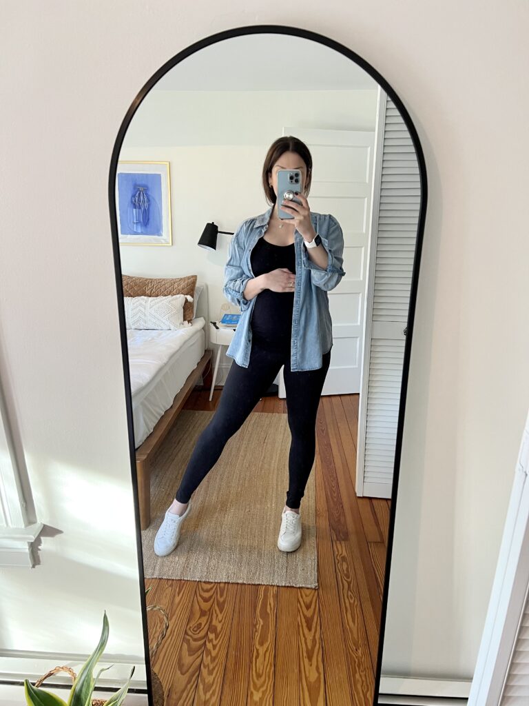 Spring Maternity Capsule: black, over-the-belly supportive leggings black nursing cami, chambray shirt, and white sneakers