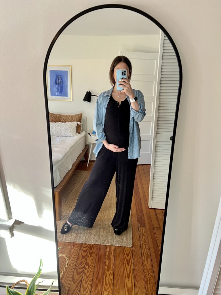 Spring Maternity Capsule: chambray shirt, black jumpsuit, black flats